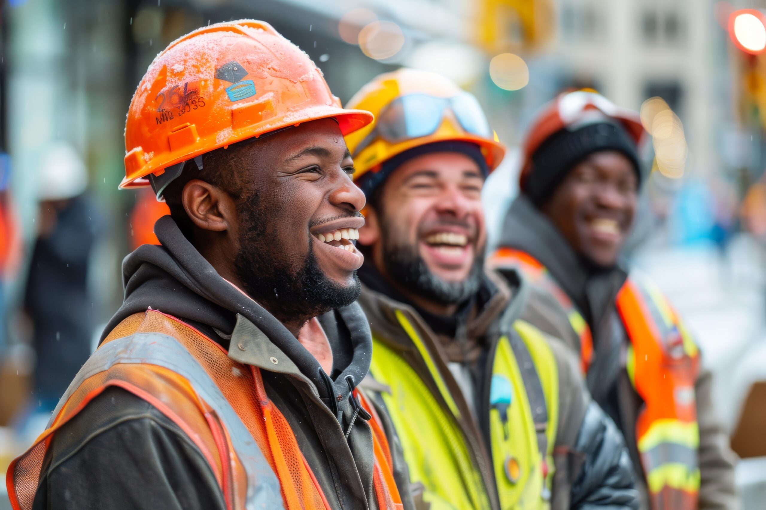 Cheerful construction workers enjoying a break together on site