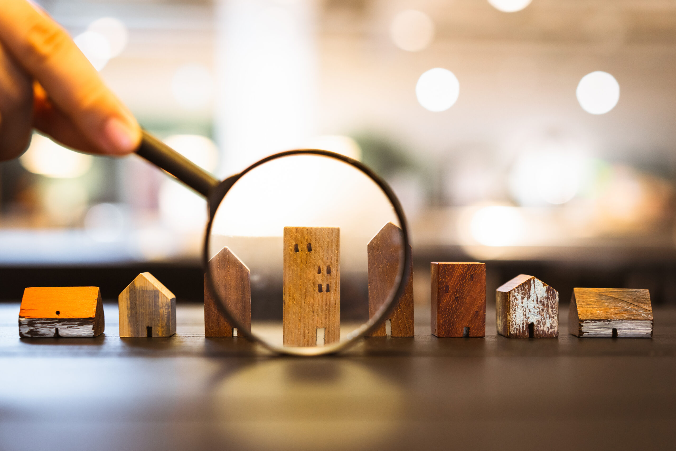 Hand holding magnifying glass and looking at house model, house