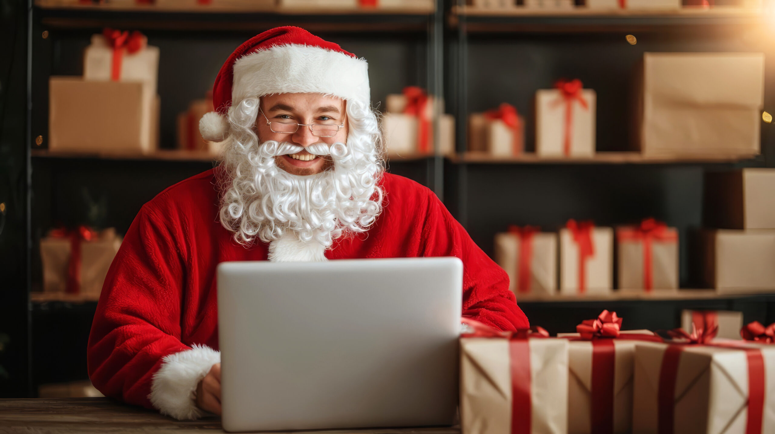 Confident young businessman Santa Claus working in online store for business Small business owner at his desk online shop christmas sale SME and dropshipping