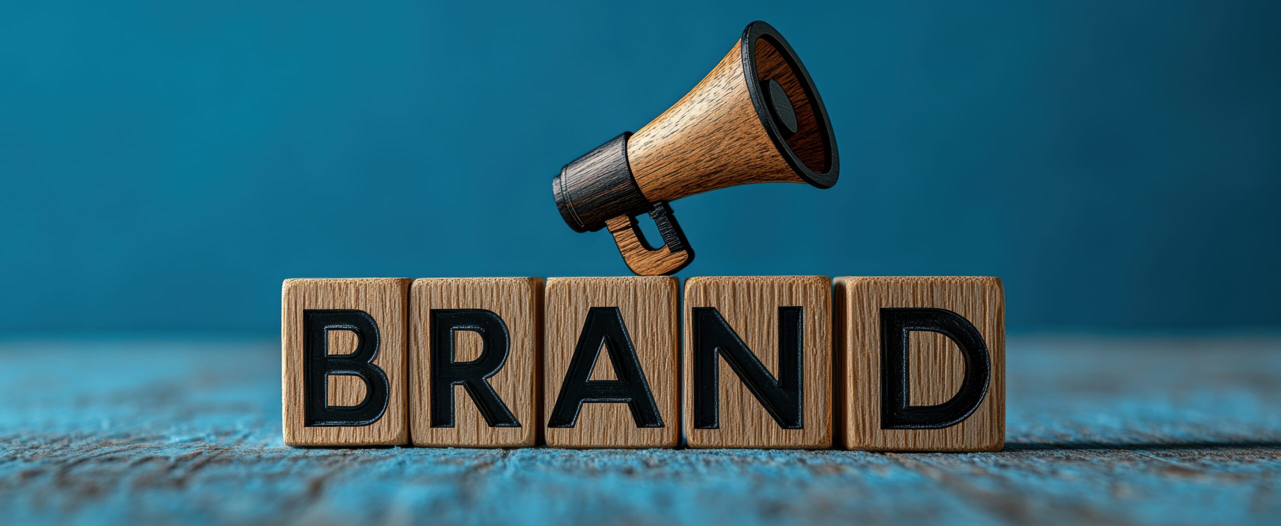 Brand building and brand awareness concept with megaphone on wooden cubes