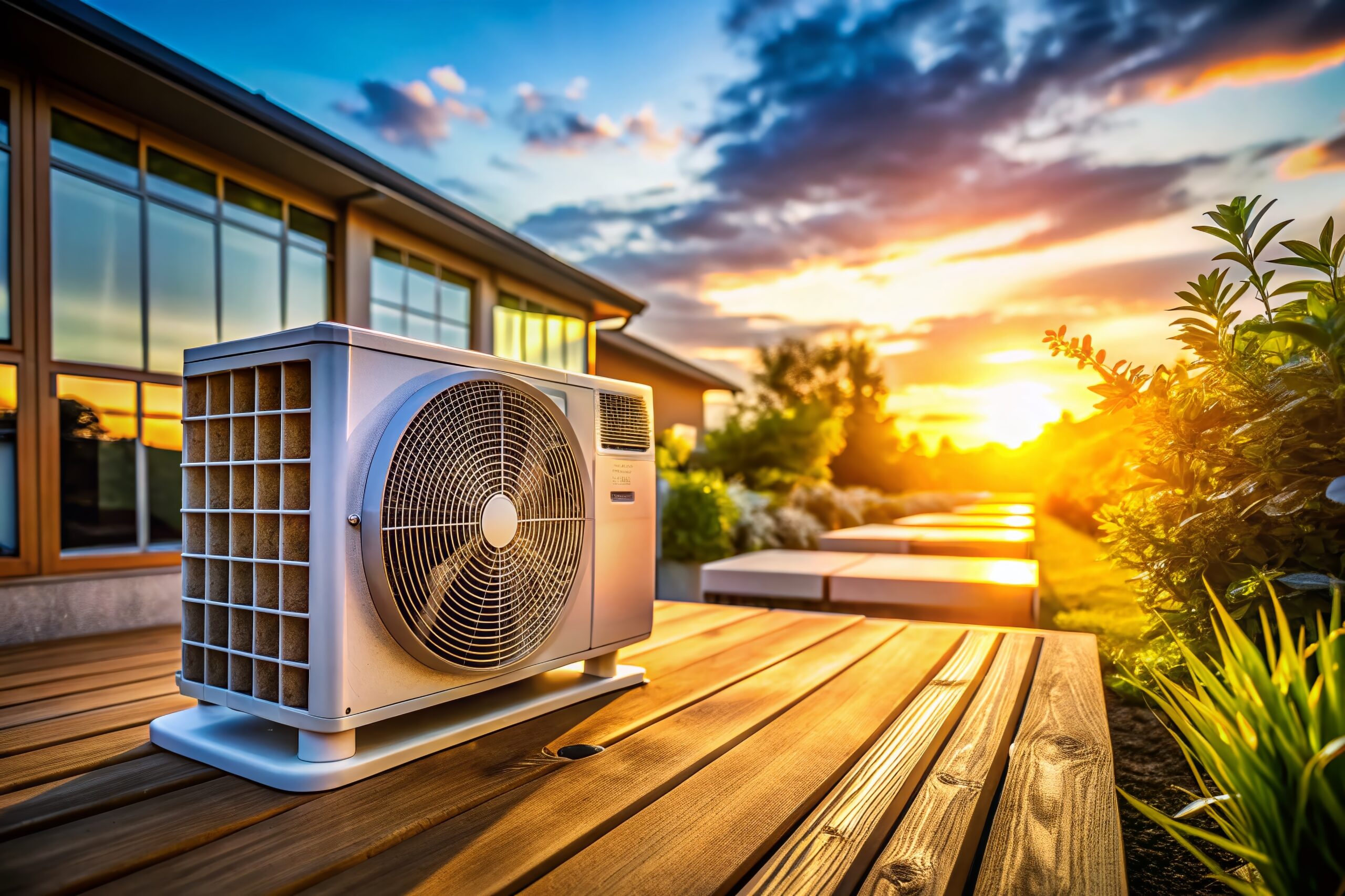 Summer HVAC Installation on Wooden Terrace at Golden Hour - Air Conditioning Services with Copyspace for Marketing and Promotion