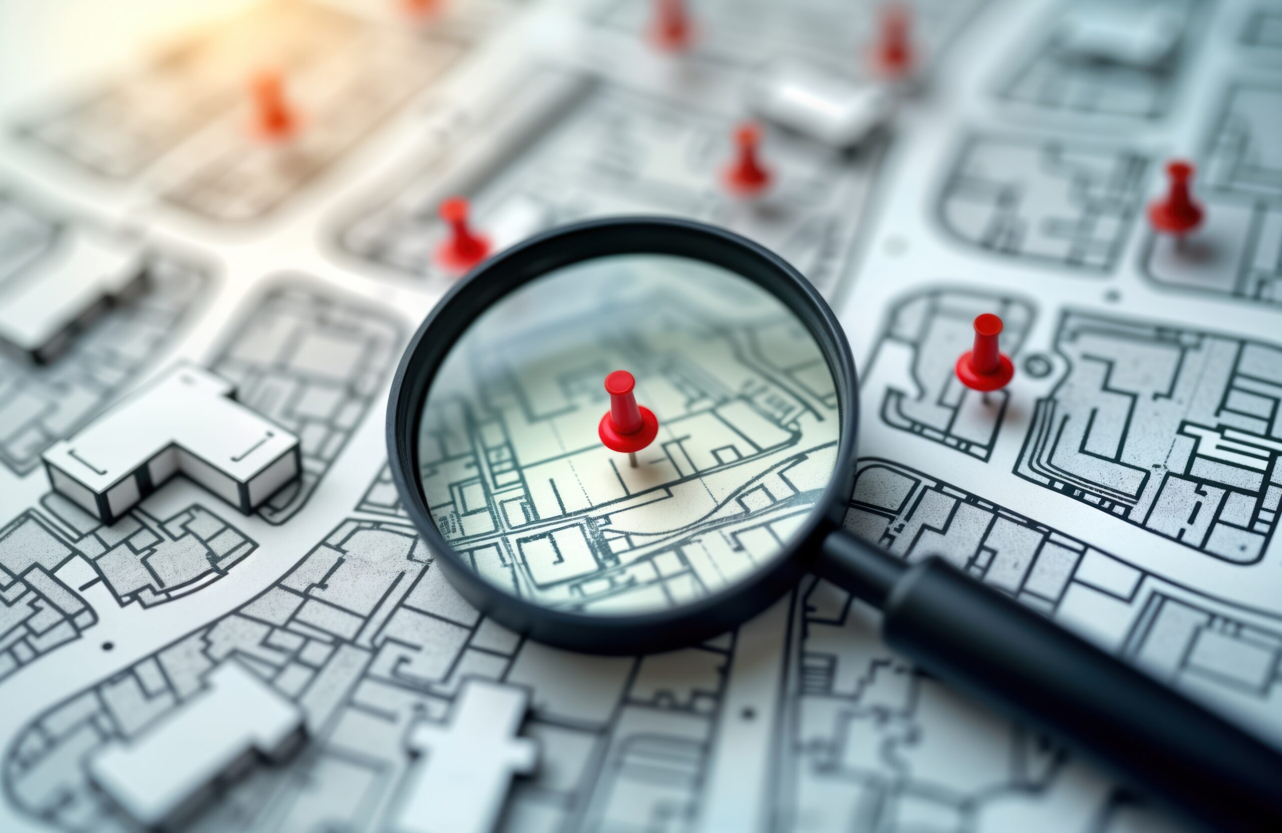 Urban planner examines map with magnifying glass to find suitable plot for residential construction project. Searching vacant land for development. Concept of real estate investment, land management